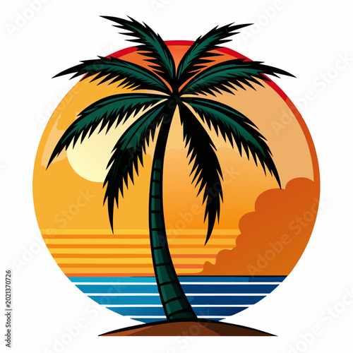 Retro style tropical beach sunset vector icon featuring exotic palm tree silhouettes.