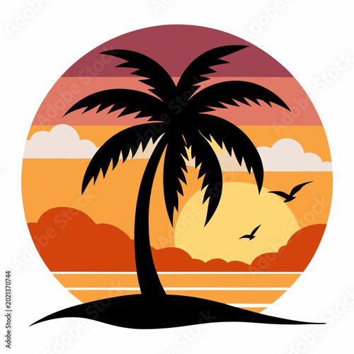Beautiful beach sunset vector design with palm tree silhouettes for summer t-shirts.