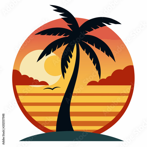 Tropical palm tree sunset vector ideal for summer graphics, apparel, and online marketplace products.