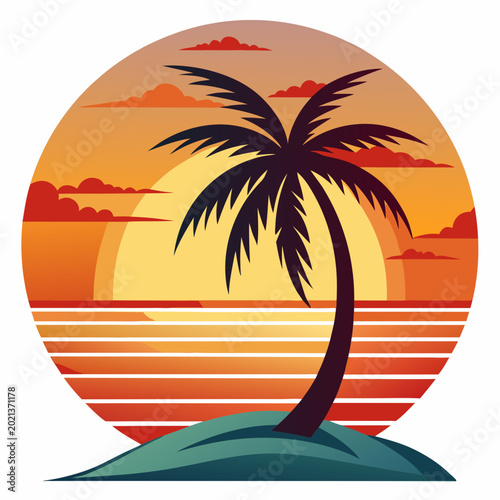 Sunset beach silhouette with coconut tree perfect for travel branding and creative merchandise.