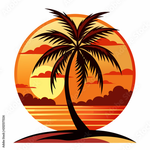 Sunset with coconut tree vector on white background perfect for tropical summer and beach-themed designs.