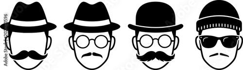 Quadro su tela Vintage Hipster Gentleman Character Head Icon Vector Set with Fedora Hats Bowler