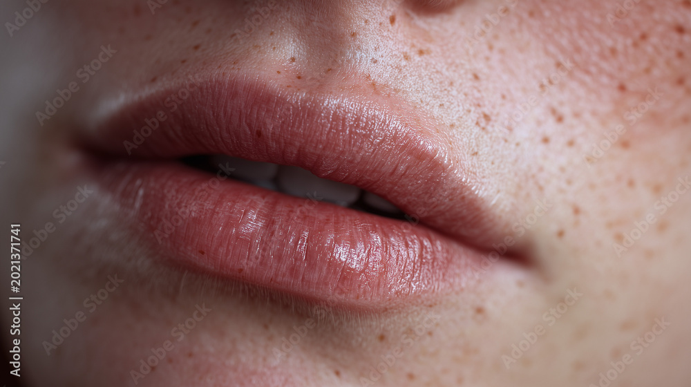 Fototapeta premium Close-up of natural female lips with freckles and soft skin texture in warm beauty lighting ideal for cosmetic skincare and makeup campaigns
