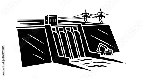 Fotografie Dam with gates and excavator.