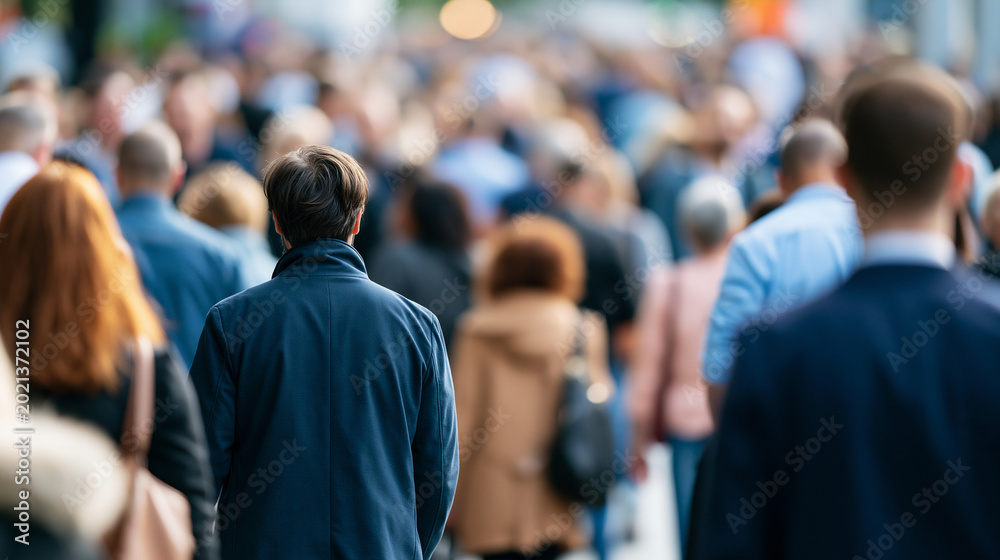 Fototapeta premium Large mixed crowd of people gathered in a public space, community diversity concept, multicultural society, street level wide shot, social interaction, urban lifestyle, faceless,