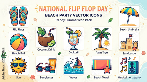 Photos National flip flop day beach party vector icons trendy summer pack with flip flo