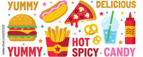 Bild auf Leinwand Fast food vector illustration banner with burger fries pizza hotdog