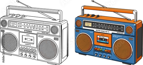 Foto Vintage Retro Boombox Tape Player Vector Set Featuring Three Dimensional Blue an