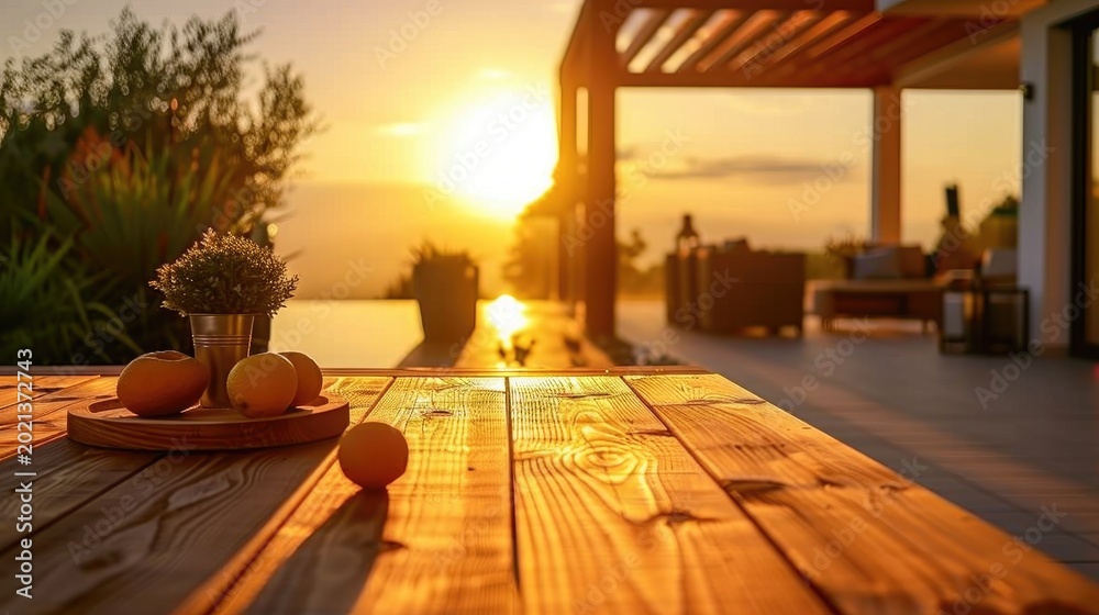 Naklejka premium Golden Hour Serenity on a Wooden Deck