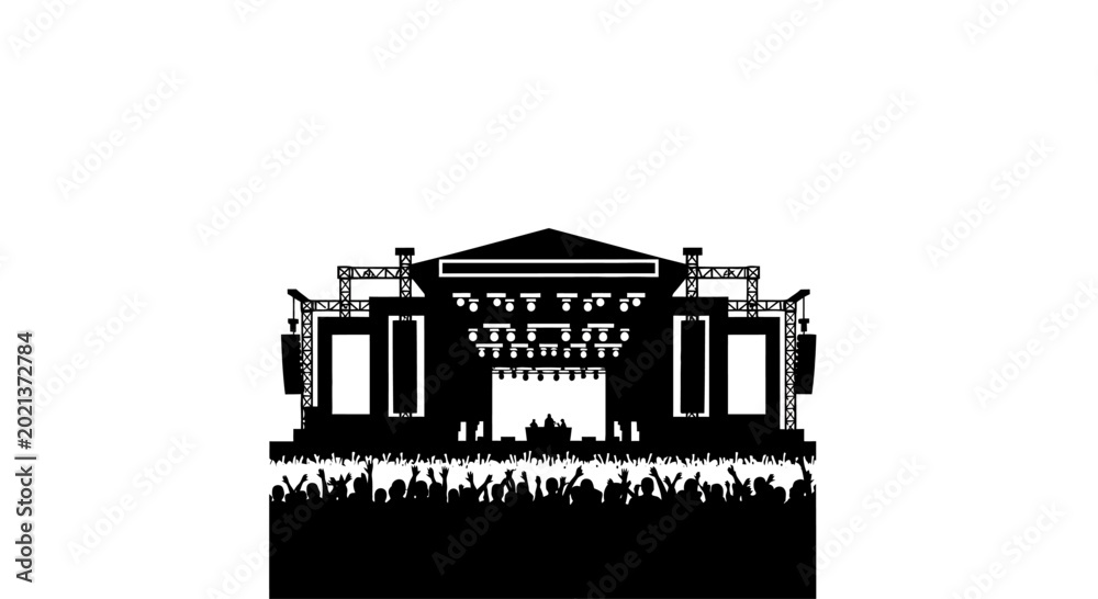 Fototapeta premium Black silhouette of a music festival stage with a cheering crowd.