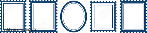 Fotografía Set of blue postage stamp frames with serrated edges including rectangle square and oval shapes isolated on a white background