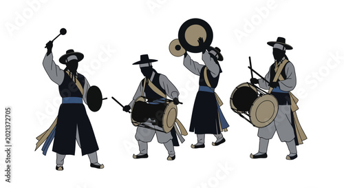 Photos Group of traditional Korean performers playing traditional musical instruments
