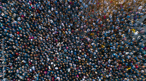 Aerial drone shot of a dense crowd filling a large public space, community event, multicultural gathering, human density concept, top-down urban photography, faceless, with copy