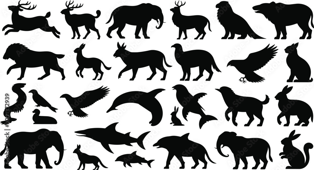 Obraz premium Wild Animal Silhouette Collection with Mammals Birds and Marine Creatures Vector Illustration Isolated Background