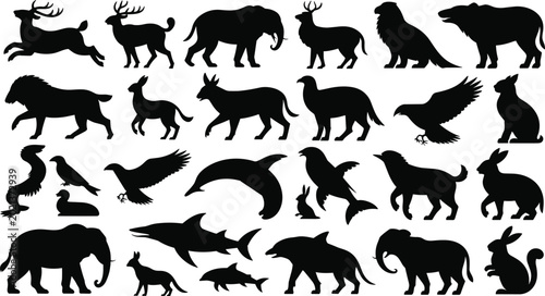 Canvas Print Wild Animal Silhouette Collection with Mammals Birds and Marine Creatures Vector