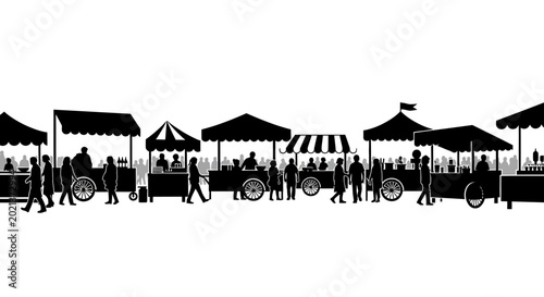 Canvas Print Silhouette of street market stalls with people shopping and walking
