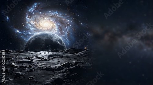 Moon surface view with glowing spiral galaxy in the dark night sky