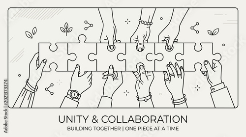 Bild auf Leinwand Diverse Hands Holding Interlocking Puzzle Pieces Together Symbolizing Teamwork and Collaboration