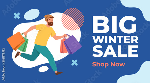 Фотография A lively illustration featuring a man joyfully running with shopping bags during a winter sale, showcasing excitement and the thrill of shopping for gifts and deals