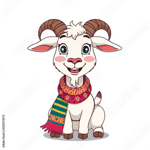 Cartoon goat wearing a colorful scarf isolated on white background