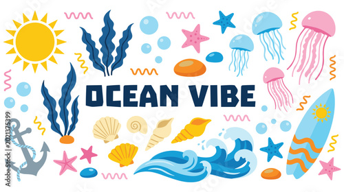 Tableau sur toile Colorful ocean vibe illustration with sea elements and surfing board