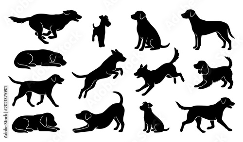 Photography Black dog silhouette vector set with running sitting and lying pet poses