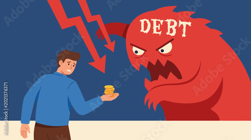 Photos An intense illustration of a monstrous figure representing debt looming over a worried man, capturing the emotions of financial stress and economic challenges effectively
