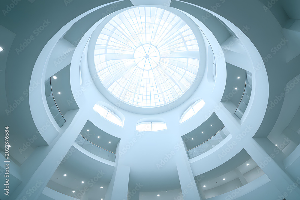 Naklejka premium Minimal White Dome Interior with Circular Skylight