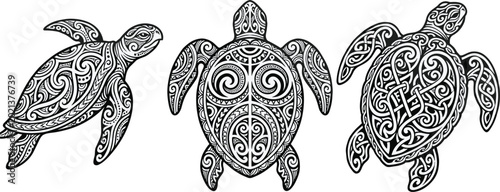 Φωτογραφία Tribal sea turtle vector collection featuring intricate polynesian maori and celtic knot line art tattoo designs isolated on a clean white background