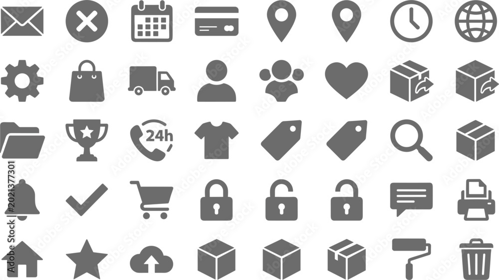 Fototapeta premium E-commerce web UI icon set featuring gray silhouette user interface symbols for shopping cart delivery location settings calendar and profile button vector elements.