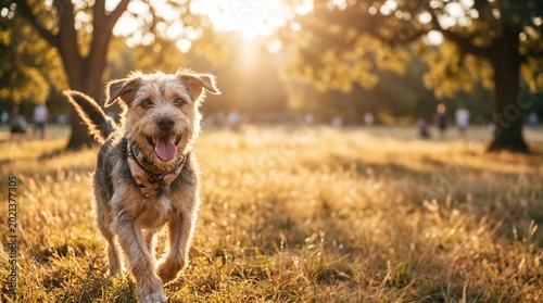 Wide National Rescue Dog Day Hero Header Background with Happy Rescue Dog and Golden Park Lighting