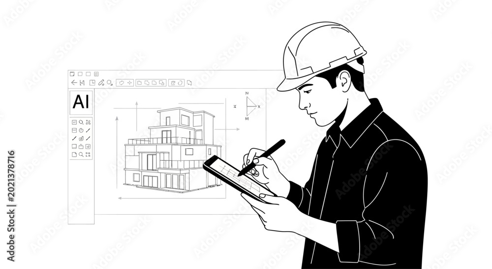 Fototapeta premium Architect Wearing Hard Hat Sketching Building Plan on Tablet.