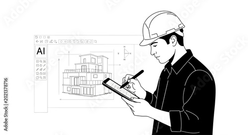 Photos Architect Wearing Hard Hat Sketching Building Plan on Tablet.