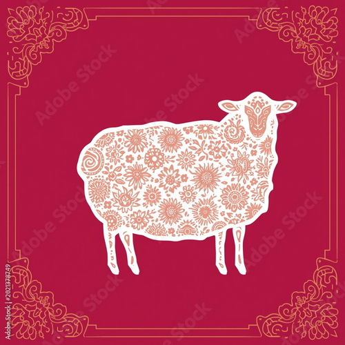 Decorative sheep with floral patterns on red background