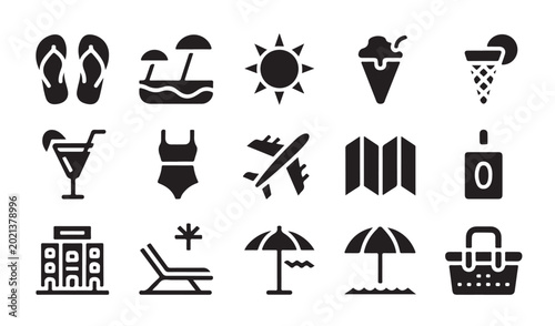 Summer vacation icons set with beach equipment travel symbols and holiday leisure elements.