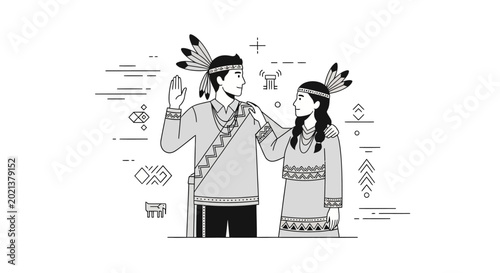 Foto Illustration of indigenous couple in traditional clothing.