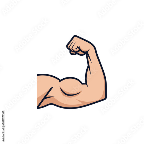Cartoon muscular arm flexing bicep.