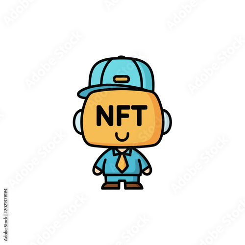 Cartoon NFT character in blue outfit.