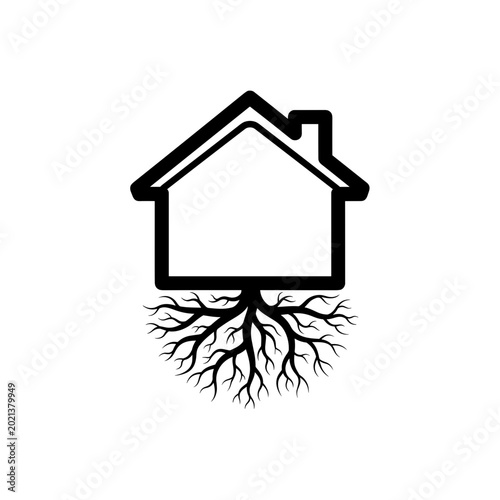 House icon with roots symbolizing stability and growth  