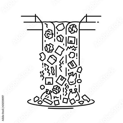 Illustration of polluted waterfall with waste and debris flowing  