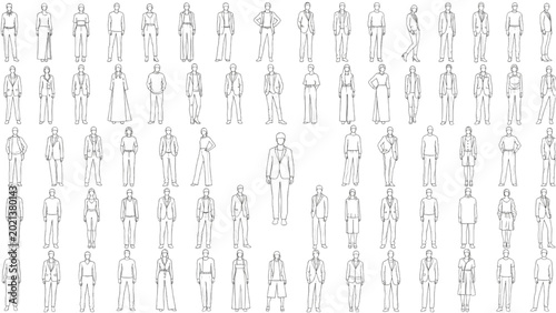 Billede på lærred Various people are illustrated in 2D CAD drawings standing in a crowded public area