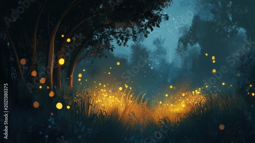 Night forest path lit by fireflies