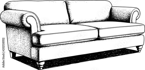 Foto Hand-drawn of a classic two-seater sofa with rolled arms white background, couch