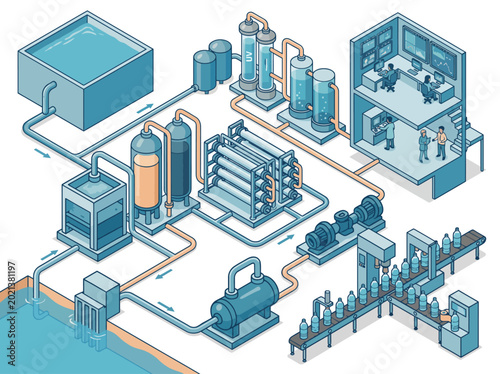 Fotografi The image illustrates a comprehensive water treatment facility layout, featuring modern technology and machinery utilized to purify water for public consumption and environmental safety