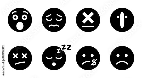 Quadro su tela Set of 8 Black Emoji Icons: Shocked, Sad, Confused, Speechless, Dead, Sleeping, Worried, Unhappy Faces