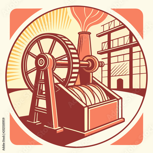 Принти на полотні Vintage industrial factory machine with large rotating gear and smokestack indus