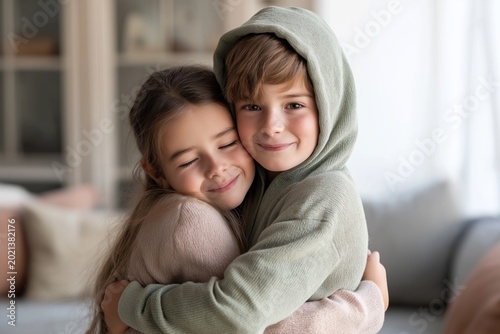 Twin siblings embrace warmly, eyes closed in contentment