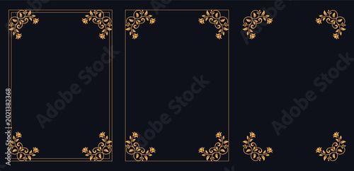 Photos Elegant Decorative Frame Trio: A set of three decorative frames in a vintage aesthetic, each adorned with ornate floral corner designs, are presented against a deep backdrop