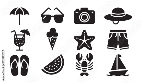 Beach vacation vector icon set featuring lobster surfboard sunglasses and summer elements.