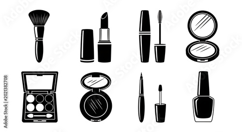 Black makeup and beauty product set flat illustration